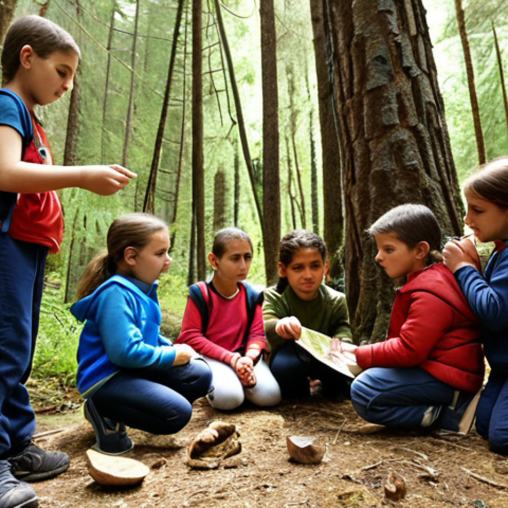 **A group of children participating in an outdoor education program in a Turkish forest, with a focus on environmental awareness and sustainable practices. Instructors are present, guiding the children in activities like identifying local flora and practicing leave-no-trace principles. The image should convey safety, learning, and respect for nature.**