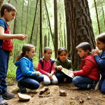 **A group of children participating in an outdoor education program in a Turkish forest, with a focus on environmental awareness and sustainable practices. Instructors are present, guiding the children in activities like identifying local flora and practicing leave-no-trace principles. The image should convey safety, learning, and respect for nature.**