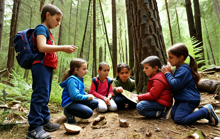 **A group of children participating in an outdoor education program in a Turkish forest, with a focus on environmental awareness and sustainable practices. Instructors are present, guiding the children in activities like identifying local flora and practicing leave-no-trace principles. The image should convey safety, learning, and respect for nature.**