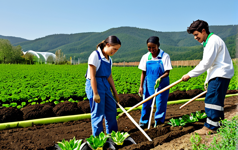 **Prompt 1: Green Collar Exploration in a Sustainable Setting**
A diverse group of young adults, dressed in modest and practical outdoor work attire, actively engaged in a sustainable agriculture project. They are shown planting saplings in a sunlit field with rolling hills and a modern eco-friendly greenhouse in the background. The atmosphere is collaborative and educational, highlighting their focus and enthusiasm. The image captures the essence of "green collar" professions. Professional photography, high detail, realistic, vibrant natural colors, safe for work, appropriate content, fully clothed, professional dress, perfect anatomy, correct proportions, natural pose, well-formed hands, proper finger count, natural body proportions, family-friendly.